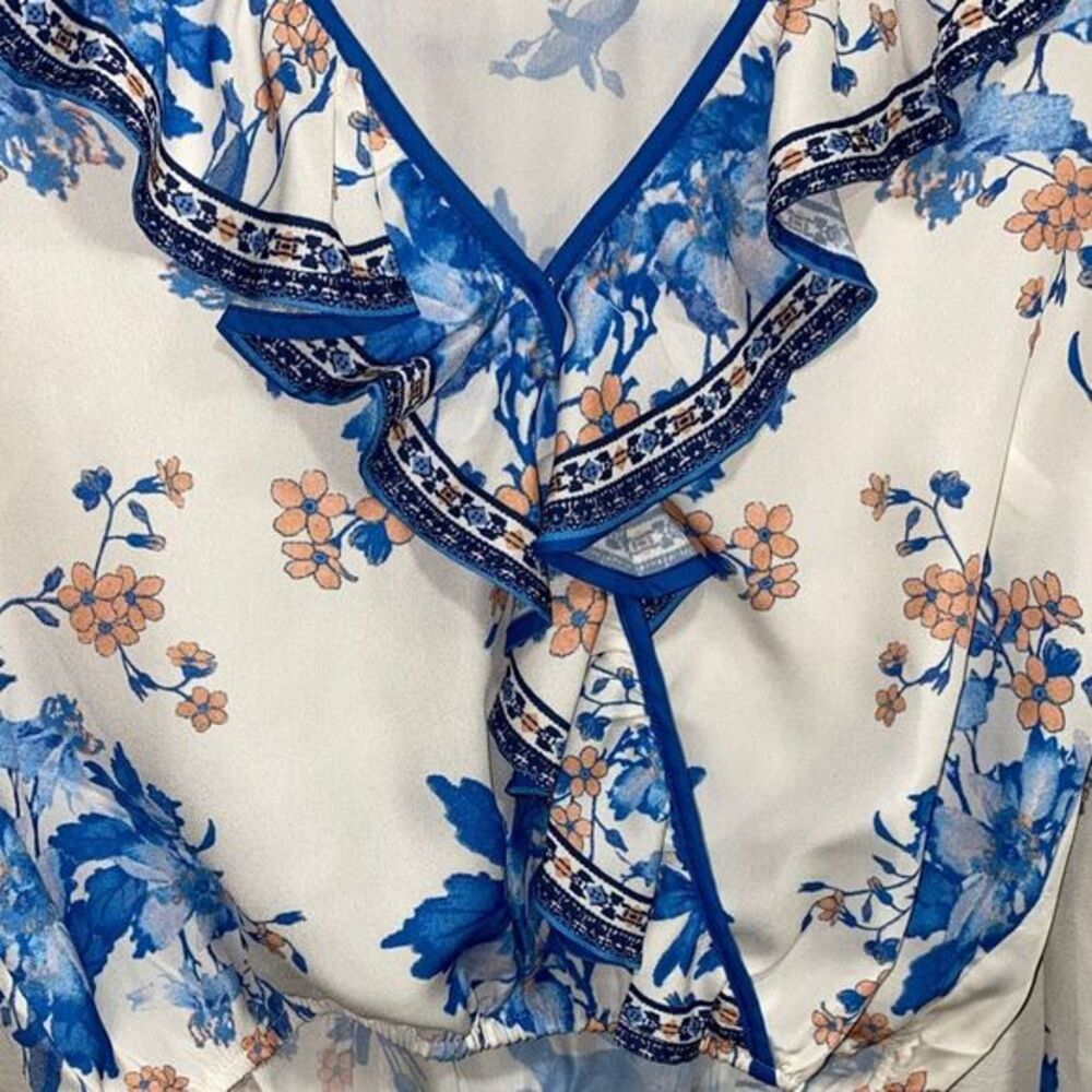Vici White Floral Ruffle Tie-Front Blouse with Blue & Peach Accents - Picture 5 of 11